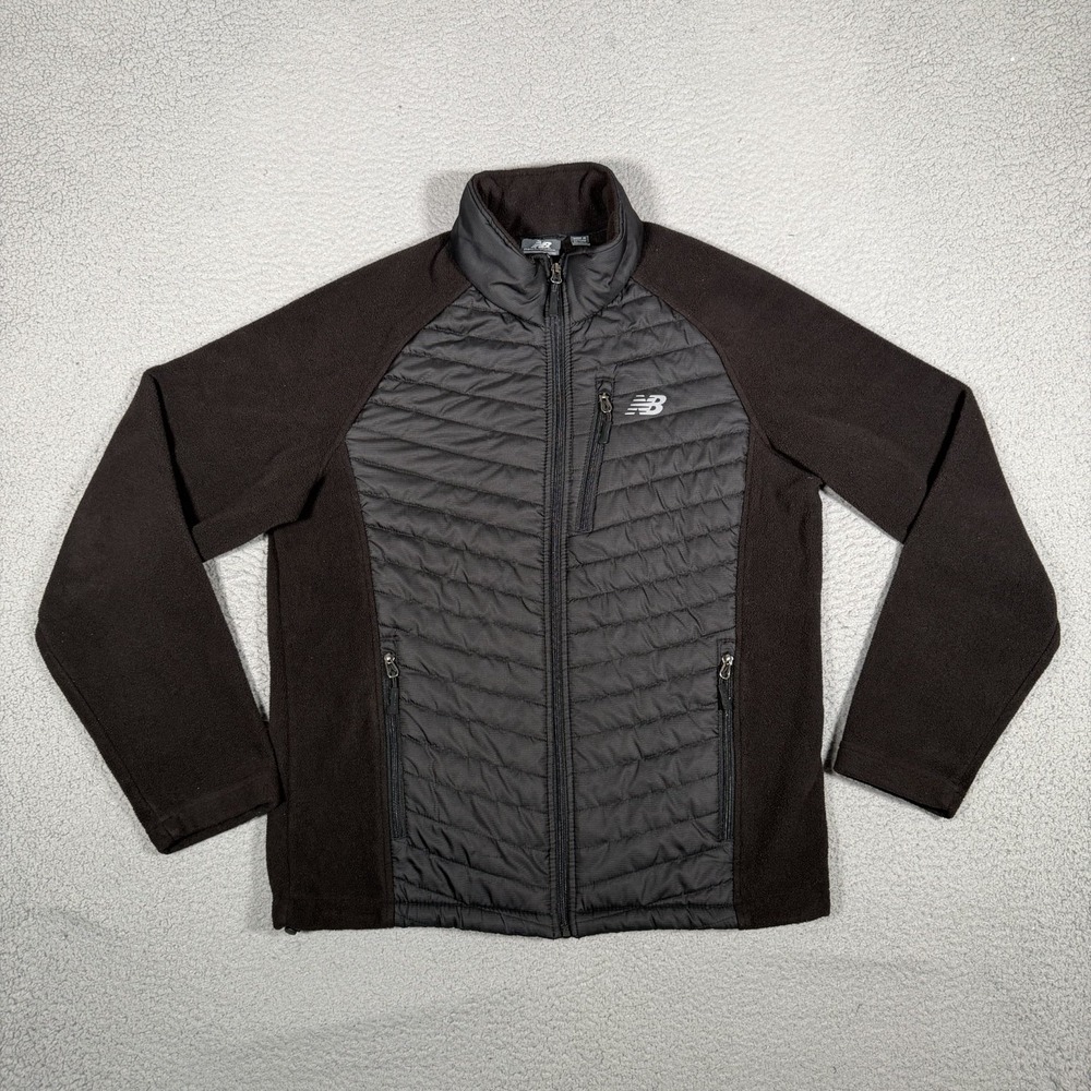 New Balance Jacket Mens Small Black Fleece Full Zip Quilted Outdoor Preppy Logo